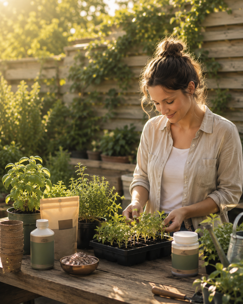 A gardener tending young plants at a garden potting bench