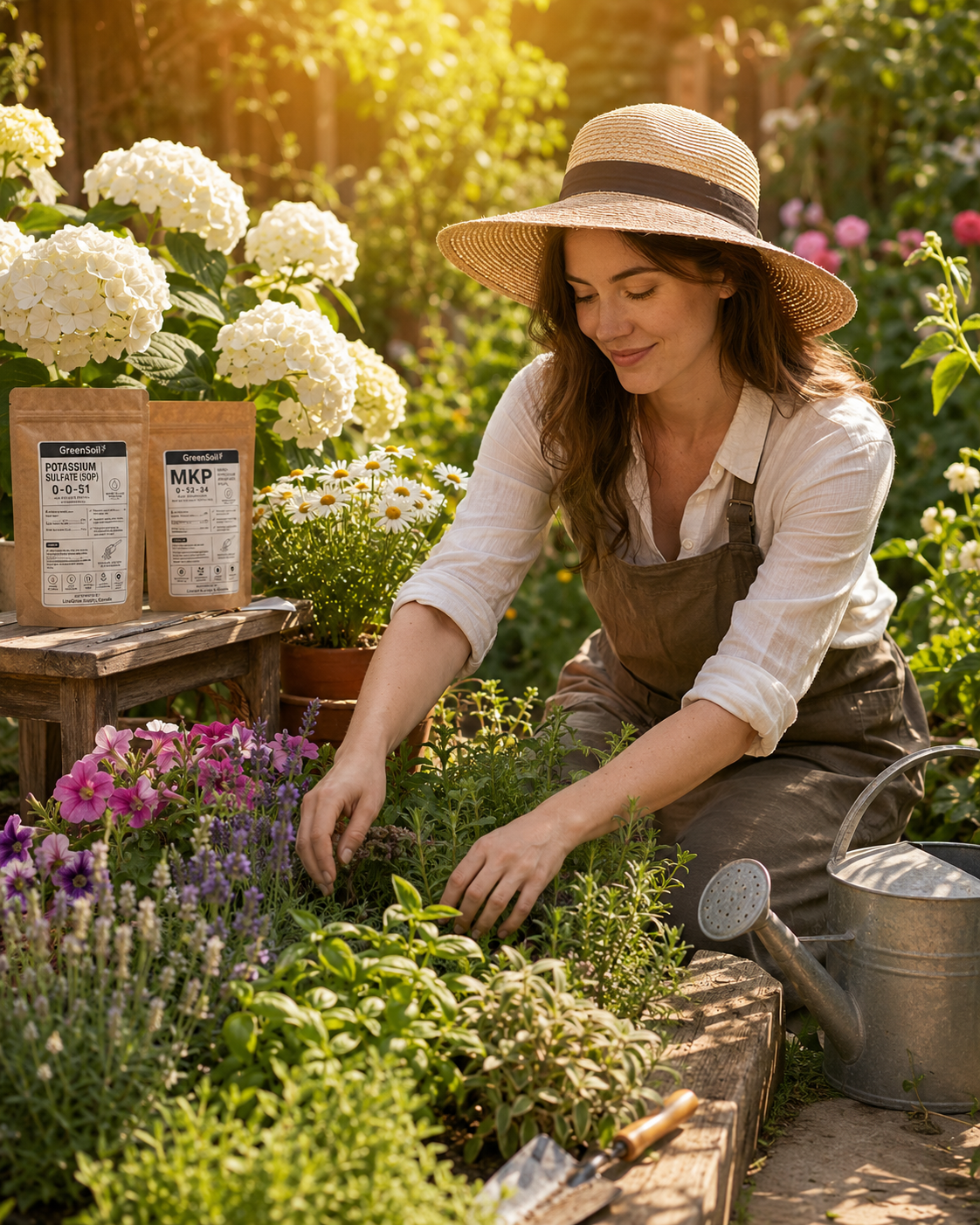 A home gardener caring for flowers and plants in a sunny garden