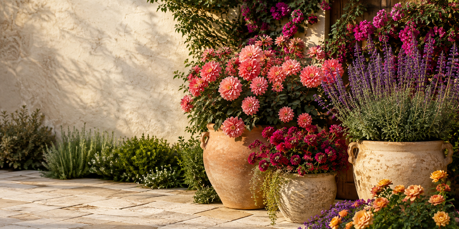 Coral, magenta and violet flowers in elegant garden planters, glowing in warm sunlight